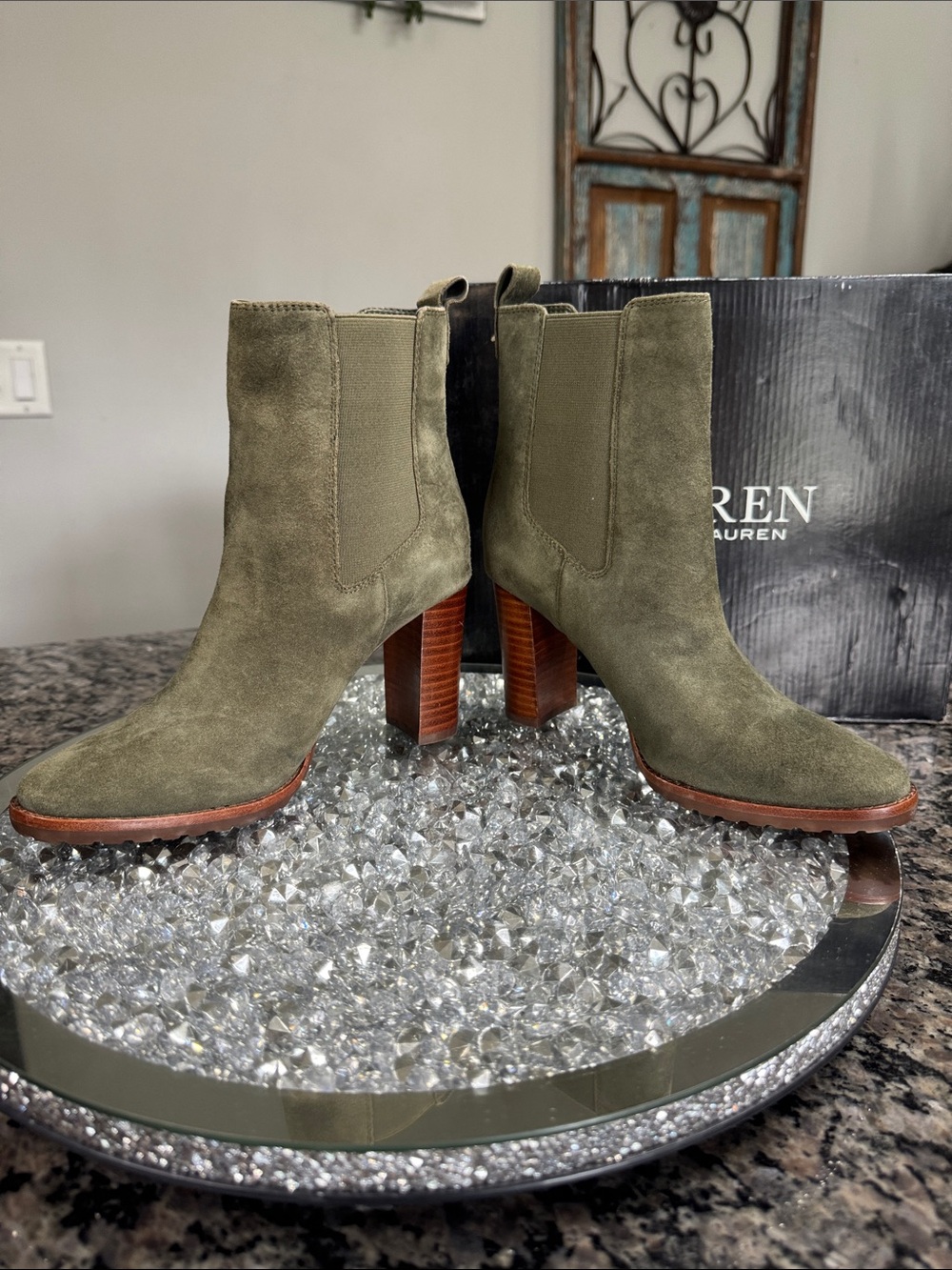 Ralph Lauren Olive Suede Stacked Heel Chelsea Boot NEW 6 - Picture 8 of 15
